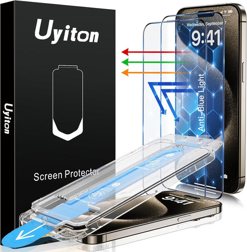 Uyiton Anti-Blue Light for iPhone 15 Pro Screen Protector - Unbreak-Glass Easy Fit Full Coverage Case Friendly Scratch Resistance 9H Tempered Glas...