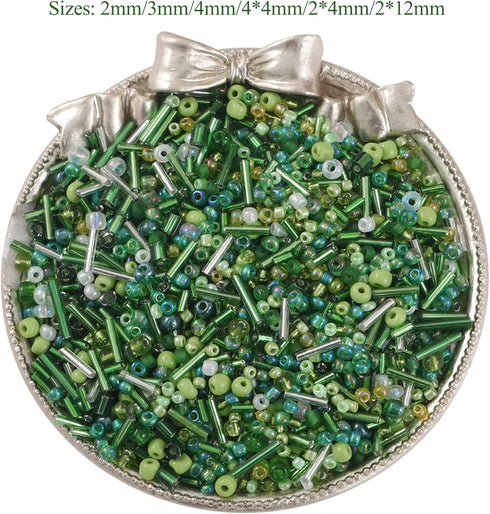 1000PCS Mixed Glass Seed Beads Glass Bugle Beads, 1.5-4.5mm Green Tube Loose Glass Seed Spacer Beads for Jewelry Making, Glass Bugle Beads for Bra...