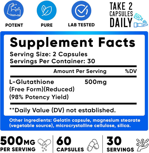 We Like Vitamins Glutathione 500mg Per Serving | Manufactured in USA | 60 Glutathione Capsules | Highly Bioavailable Reduced Glutathione Supplemen...