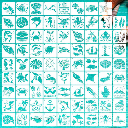 80 Pcs 5 x 5 Inch Stencils for Painting on Wood, Reusable Sea Ocean Creatures Stencils Mermaid Stencils Dolphin Shark Plastic Stencils DIY Craft T...