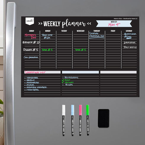Cinch Magnetic Dry Erase Weekly Calendar Blackboard for Fridge 17"x12" - 4 Fine Tip Markers & Large Eraser w/Magnetic Weekly Planner for Fridge - ...