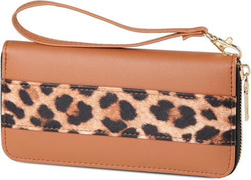 Leopard Print Wallet For Women Cheetah Wristlet Purse Zip Around Card Holder (Leopard&brown)...