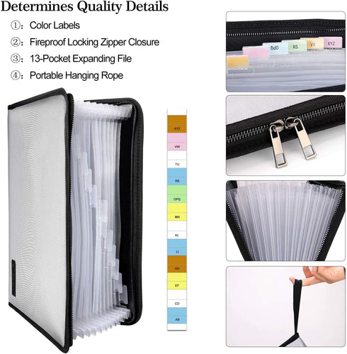 ENGPOW Expanding File Folder Important Document Organizer Fireproof and Waterproof Document Bag with A4 Size 13 Pockets Zipper Closure Non-Itchy S...