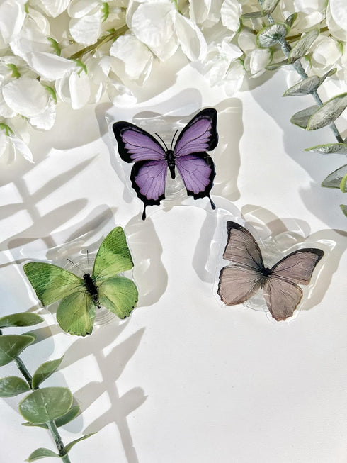 Butterfly Sticky Mobile Phone Grip, Clear Cell Phone Stand, Expanding Cell Phone Charms Accessory, Interchangeable Finger Kickstand, Collapsible H...