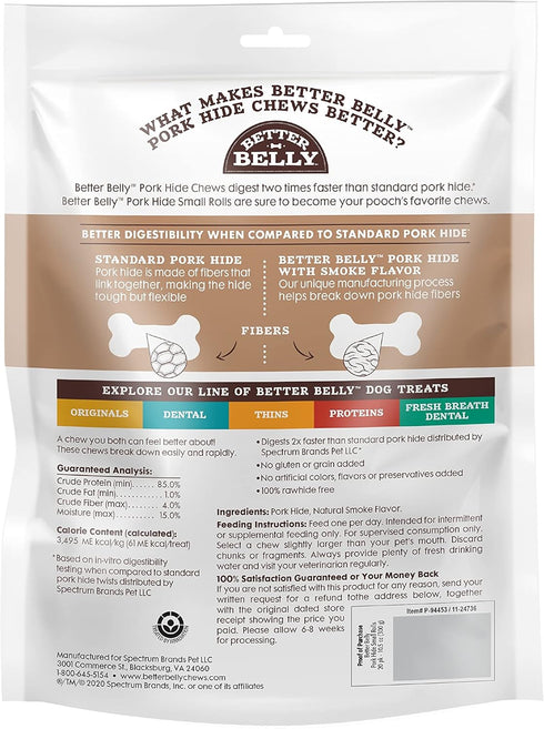 Better Belly Pork Hide Rolls with Smoke Flavor Small, 20 Count, Digestible Pork Hide for Dogs (P-94453)...