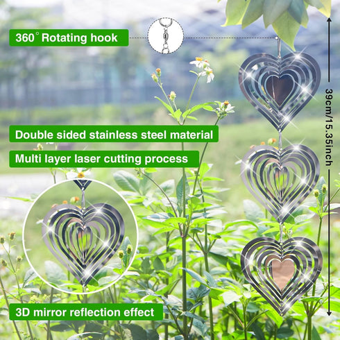 Bird Scare Discs Set, Highly Reflective Bird Reflectors Wind Spinner, Double-Sided Heart Decor Bird Devices Deterrent to Scare Birds Away from Yar...