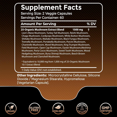Organic Mushroom Supplement Capsules - 10000mg - 25 in 1 Mushroom Complex Capsules, Lion's Mane mushroom Capsules - Turkey Tail Mushroom Capsules,...