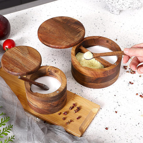 Acacia Wood Salt and Pepper Bowl, Nature Wood Salt Cellar and Spices Storage Box With Built-in Spoon and Magnetic Swivel Lid (Single Compartment)...