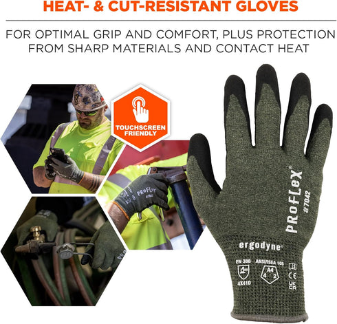 Ergodyne ProFlex 7042 Cut Resistant Work Gloves, ANSI A4, Contact Heat Resistant, Sandy Nitrile Coated Palms, 18g Aramid, Green, Large US...