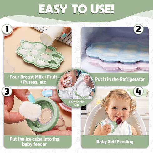 O’doe Silicone Baby Popsicle Molds & Baby Food Feeder with 1 Clip, 2 Pack Freezer Tray with Lid, 2 Breastmilk Popsicle Molds for Teething Relief, ...