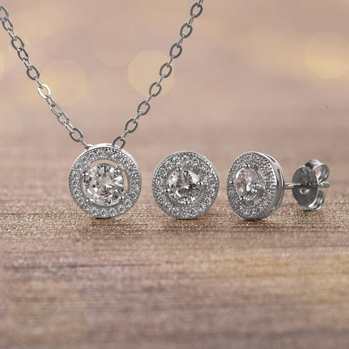 Women's Earrings - 925 Sterling Sliver Art Deco Bridal Wedding Halo Crystal Stud Earrings and Pendant Necklace Set...