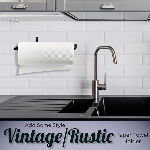 Wrought Iron Paper Towel Holder - Wall Mount Paper Towel Rack for Kitchen, Rustic Wall Mount Holder for Farmhouse Style Homes & Vintage Houses, Bl...