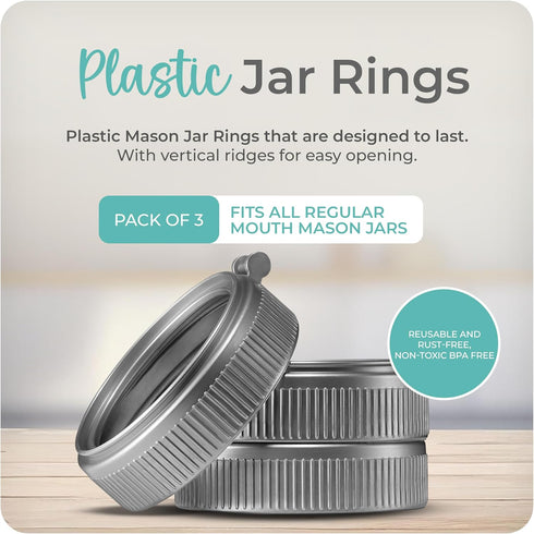 Mason Bottle Plastic Jar Rings (3-Pack) – Fits Regular-Mouth Mason Jars – Reusable, BPA-Free, Non-Toxic, Rust-Proof, Made in USA (Lid and Bottle N...