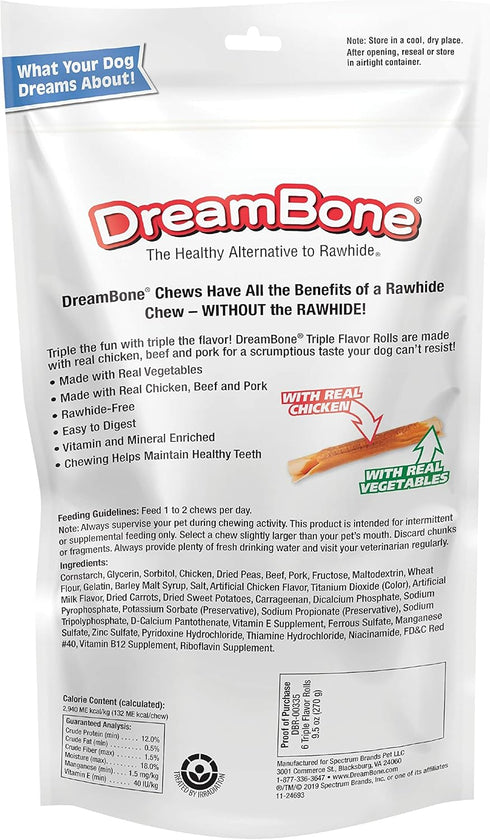DreamBone Triple Flavor Rolls 6 Count, Rawhide-Free Chews for Dogs...