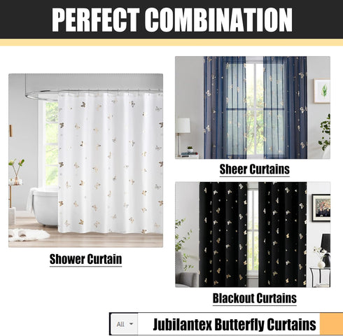 Jubilantex Butterfly Sheer Curtains Navy Blue Drapery with Gold Print Pattern 63 Inch Long, Kids Nursery Bedroom Voile Linen Textured Curtain Rod ...