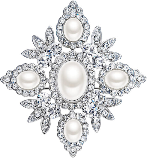 EVER FAITH Austrian Crystal Oval Simulated Pearl Wedding Chunky Flower Brooch Clear Silver-Tone...
