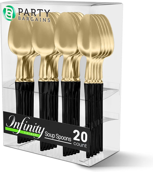 Party Bargains Disposable Plastic Black Gold Soup Spoons, Infinity Modern Design Utensils, 20 Pack...