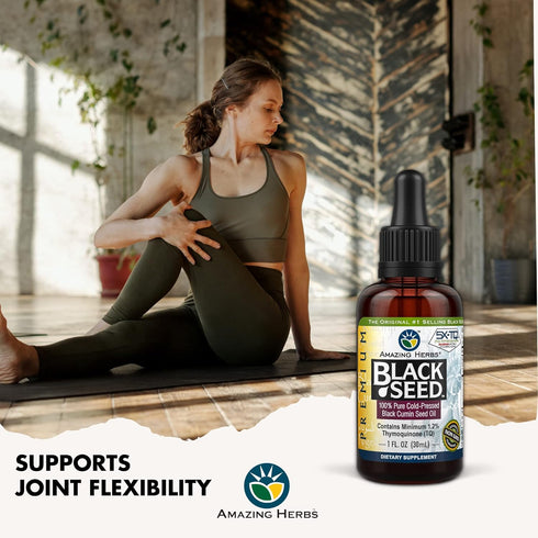 Amazing Herbs Premium Black Seed Oil - Cold Pressed Nigella Sativa Aids in Digestive Health, Immune Support, Brain Function, Joint Mobility, Glute...