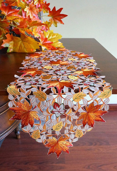 GRANDDECO Thanksgiving Harvest Table Runner Embroidered Cutwork Maple Leaves Dresser Scarf Table Cover Autumn Or Fall Decorations (Table Runner 13...