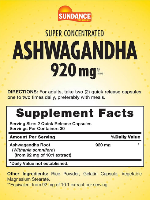 Sundance Ashwagandha Supplement 920mg | 60 Capsules | Super Concentrated | Traditional Ayurvedic Herb | Non-GMO, Gluten Free Supplement...