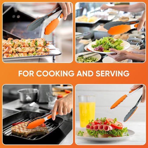 9 Inch Orange Kitchen Tongs, Cooking Tongs with Silicone Tips and Stainless Steel Handle, Non Stick Heat Resistant Tongs for Cooking, Buffet, Sala...