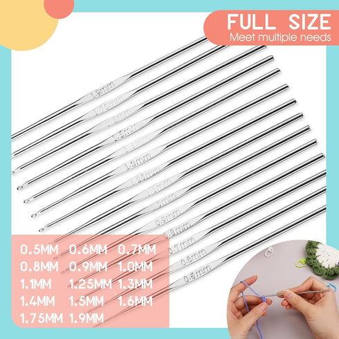 BAGERLA 14 Sizes Crochet Hooks(0.5-1.9mm), Iron Ergonomic Crochet Hooks Set with Big Eye Yarn Needle and Stitch Markers Clip Extra Long Crochet Ne...