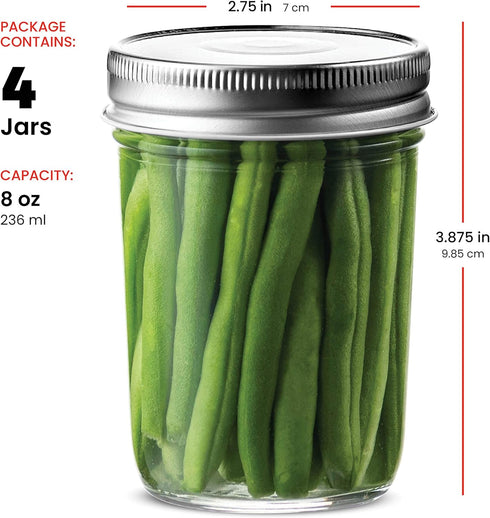 Paksh Novelty Glass Regular Mouth Mason Jars, 8-Ounce with Silver Metal Airtight Lids for Meal Prep, Food Storage, Canning, Drinking, Overnight Oa...