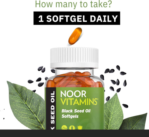 Noor Vitamins Halal Black Seed Oil Capsules, Halal Vitamins, 1000 mg Black Seed Oil from Nigella Sativa, Thymoquinone, Non-GMO, Gluten Free, 60 Co...
