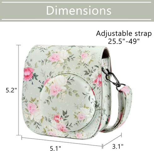 Yoption Instant Camera Case Compatible with Instax Mini 12/11/9/8/8+, PU Leather Camera Bag with Pocket and Adjustable Shoulder Strap (Green Flora...
