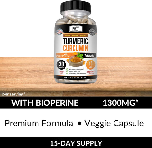 Kaya Naturals Turmeric Nature Made Bioperine, Joint Support with 95% Standardized Curcuminoids | Curcumin Nature Made - 1300mg Turmeric Capsules |...