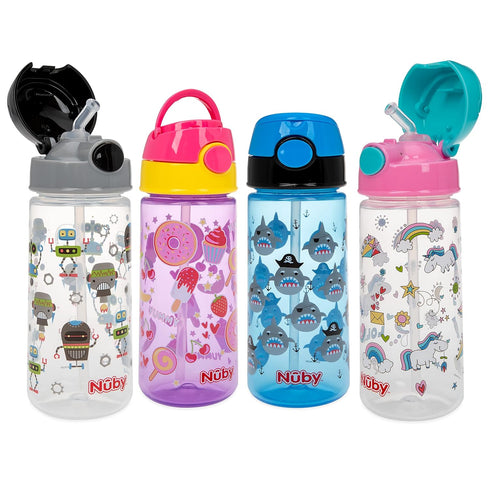 Nuby 2-Pack Kid’s Printed Flip-it Active Water Bottle with Push Button Cap and Soft Straw - 18oz / 540ml, 18+ Months, 2-pack, Prints May Vary...