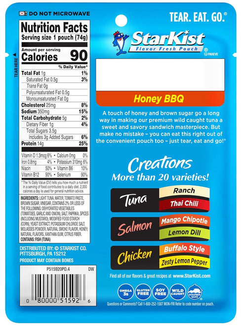 StarKist Tuna Creations Honey BBQ, 2.6 oz Pouch (1 Pack) Ready to Eat Wild Caught Tuna, 14g Protein, 90 Calories Per Serving, Gluten Free, Soy Fre...