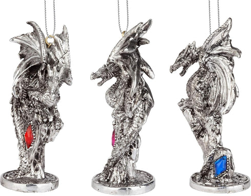 Design Toscano 3 Dragons of The Amesbury Holiday Gemstone Ornament Set, Silver,Christmas...
