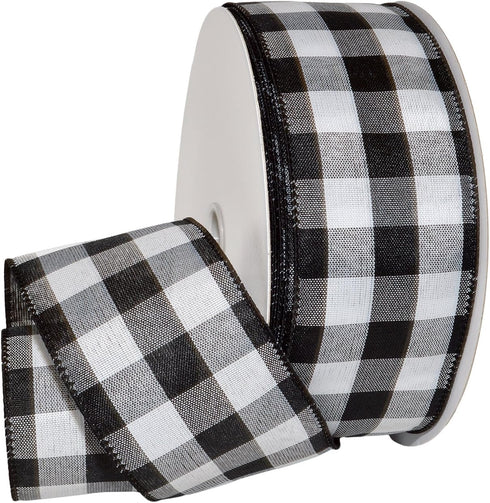 Morex Ribbon 7398.60/50-613 Cambridge 2.5" X 50 YD Wired Ribbon, Black and White, Buffalo Check Plaid Ribbon for Gift Wrapping, Christmas Decorati...