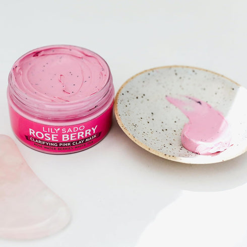 LILY SADO Rose Berry Pink Clay Mask w Rose Water & Fresh Berries - White Tea & Jojoba Beads Gently Exfoliate, Balance & Purify to Prevent Acne & B...
