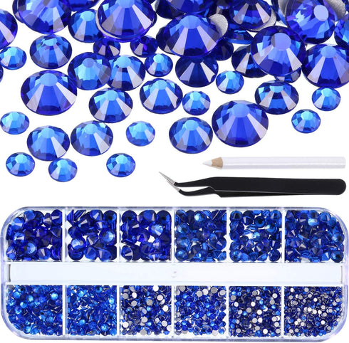 TecUnite 2000 Pieces Flat Back Gems Round Crystal Rhinestones 6 Sizes (1.5-6 mm) with Pick Up Tweezer and Rhinestones Picking Pen for Crafts Nail ...