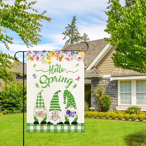 Hello Spring Cute Gnomes Floral Garden Flag Vertical Double Sided 12.5x18 Inch Welcome Spring Garden Flag Burlap Holiday Outdoor Decor...