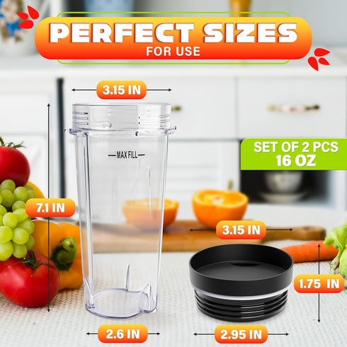 2Pcs Single Serve Blender Cup with Lid - 16 Oz Cup Blender for Smoothies Ninja Blender Cups Replacement - 4 Tabs Single Serving Blender Bottle Lid...
