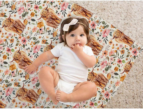 Highland Cow Boho Floral Baby Blanket Unisex, Soft Newborn Minky Blankets with Double Layer Dotted Backing, Farmhouse Themed Receiving Blankets, T...