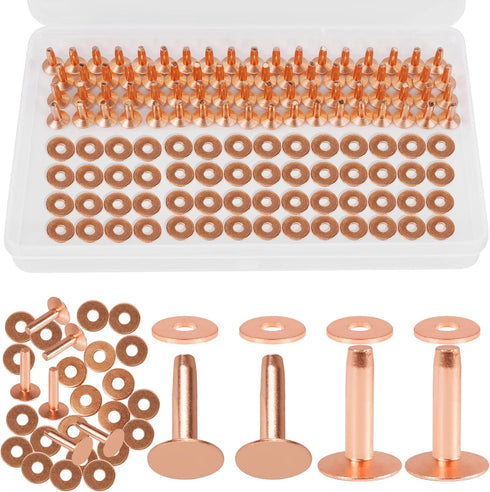 JUNESunShine 154Pcs Copper Rivets for Leather, 12 Smooth Leather Rivets without Pattern, Pure Copper Rivets and Burrs for Leather Work Jeans Jacke...