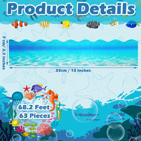 63 Pieces Ocean Waves Bulletin Board Borders Trim Self Adhesive Blue Bulletin Board Trim Decor for Summer Back to School Classroom Office Chalkboa...