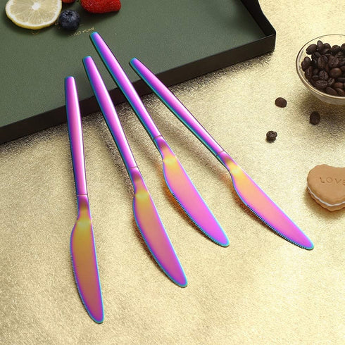 HOMQUEN Rainbow Dinner Knives 4 Pieces, Sturdy 9" Stainless Steel Modern Design Knife, Colorful Titanium Plating Knifes Set With Round Edge Dishwa...
