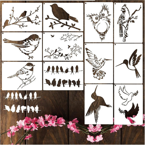 Birds Stencils for Painting on Wood Crafts Reusable Hummingbird on Tree Branch Stencil Art Owl Paint Stencil on Wall Canvas Pattern Paint Stencils...
