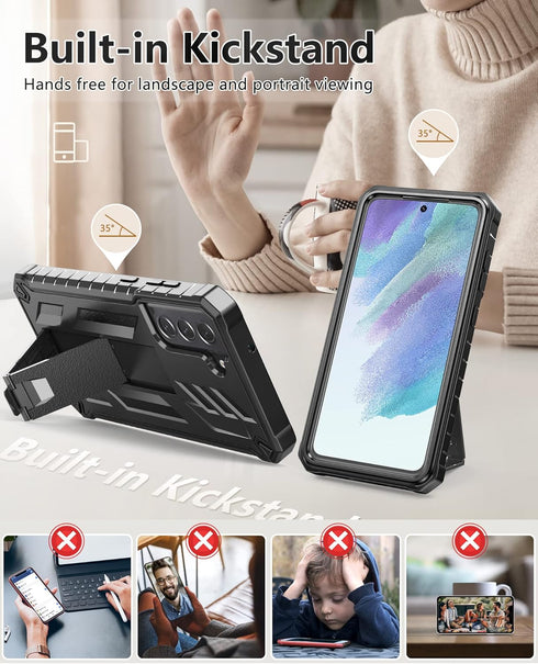 for Samsung Galaxy S21-FE Protective Case: Dual-Layer Military Grade Drop Proof Full Protection Cover with Kickstand | Durable Rugged Shockproof T...