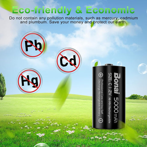 BONAI Rechargeable C Batteries, C Cells 5000mAh 1.2V Ni-MH High Capacity C Size Battery (4 Pack)...