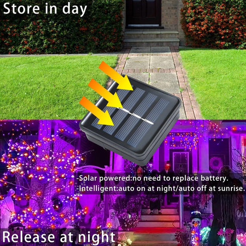 YAOZHOU Halloween Decor Outdoor Solar String Lights, Purple Orange IP67 Waterproof 2 Pack Total 200 LED 66FT 8 Modes Fairy Lights, Outside Fall De...