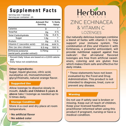 Herbion Naturals Zinc, Echinacea & Vitamin C Lozenges with Natural Orange Flavor - 25 CT – Dietary Supplement – Supports Immune System – Promotes ...