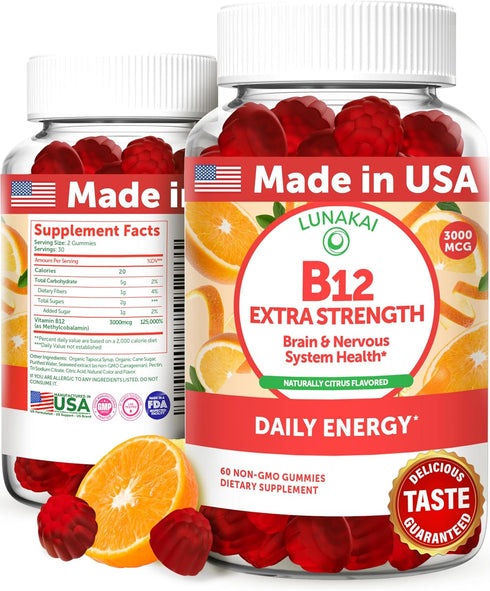 Lunakai Extra Strength 3000mcg Vitamin B12 Gummies - US Made, Delicious, Daily Energy and Metabolism Boost - Vegan B12 Methylcobalamin Supplement ...