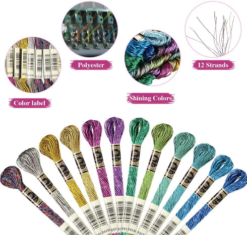 WILLBOND 24 Pcs Metallic Embroidery Floss Cotton Stitch Embroidery Thread Skein Threads Glitter Embroidery Thread Cross Stitch Thread for Friendsh...
