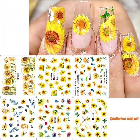 Flower Nail Art Stickers Decals Spring Summer Floral Nail Art Supplies Water Transfer Sunflower Bee Butterfly Design Yellow Flowers Nail Accessori...
